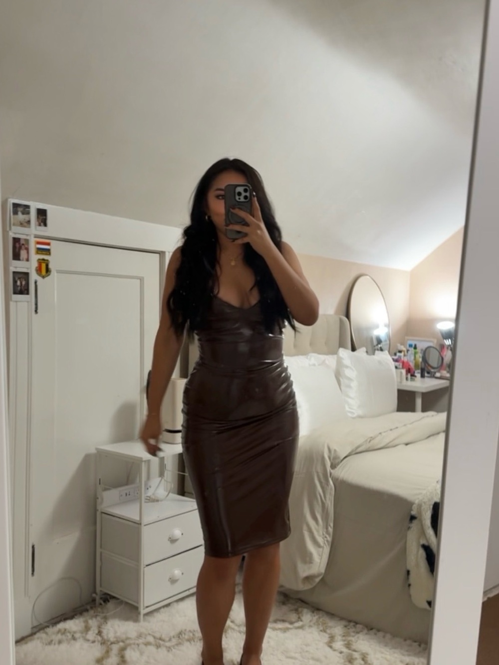 Brown Faux Leather Midi Dress Like New